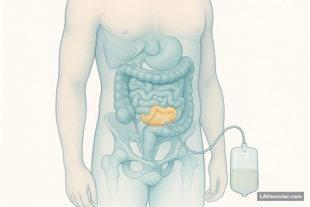 Illustration of a catheter draining an abdominal or pelvic abscess through the skin into a collection bag.