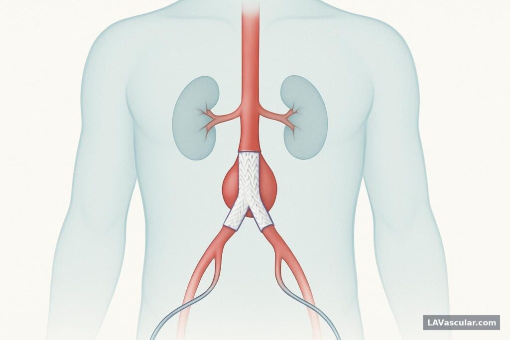 Illustration of an EVAR stent graft inside an abdominal aortic aneurysm, delivered through groin arteries.