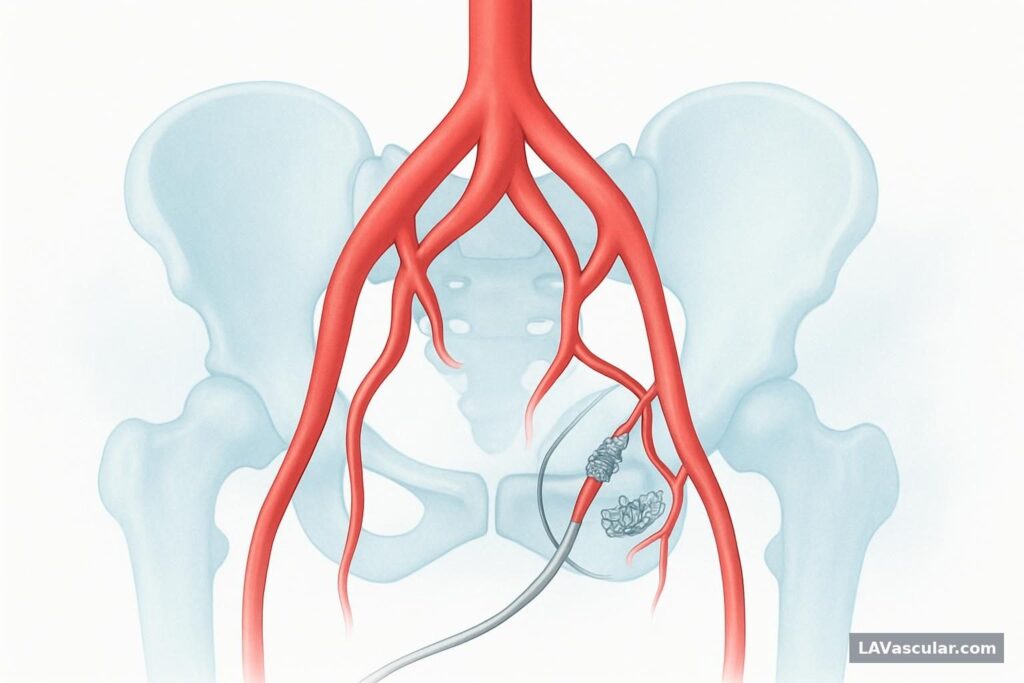 Illustration of a catheter placing coils and a vascular plug in an internal iliac artery through femoral access.