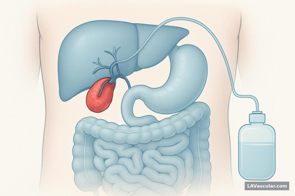 Illustration of a gallbladder drainage catheter entering through the right upper abdomen and curling inside the gallbladder.