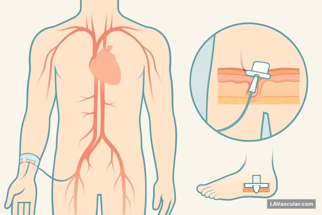 Illustration showing a wrist TR Band and a groin vascular closure device after arterial catheter access.