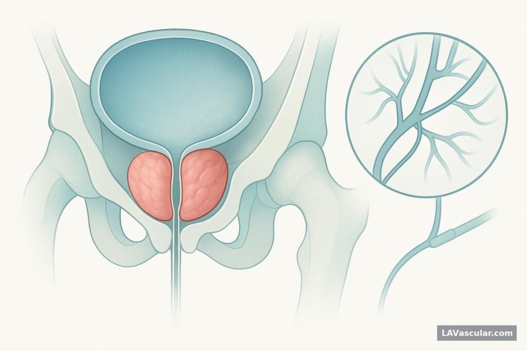 Illustration of an enlarged prostate narrowing the urethra below the bladder.