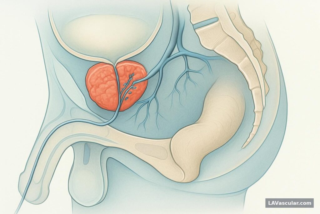 Illustration of a catheter delivering embolic particles into arteries supplying an enlarged prostate.