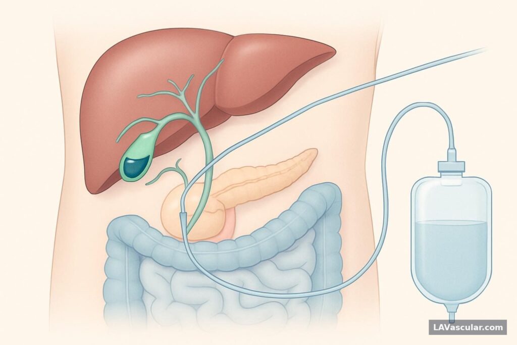 Illustration of a catheter passing through the liver into a blocked bile duct to drain bile.