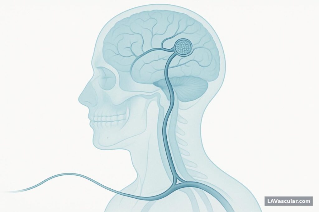 Illustration of a catheter delivering coils into a brain aneurysm through an artery from the groin.
