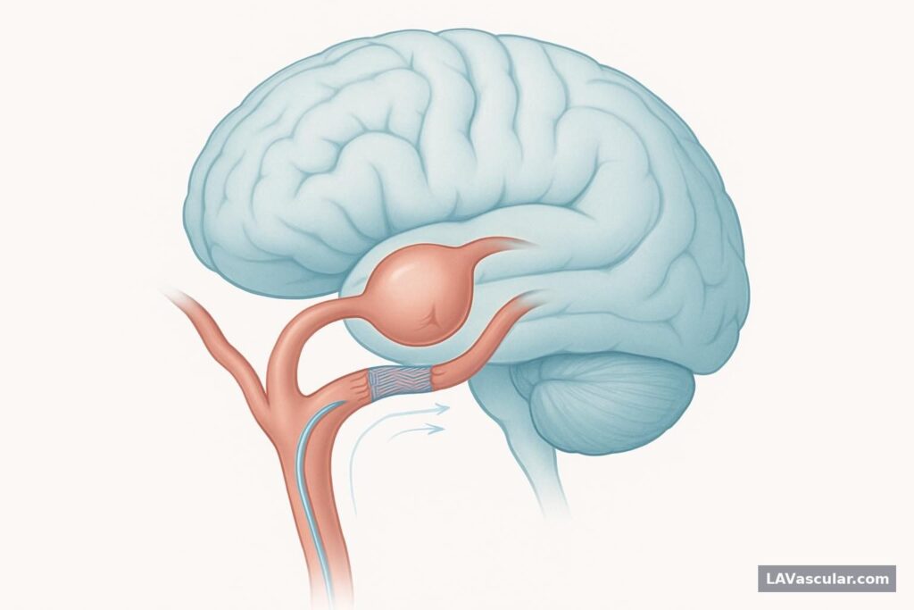 Illustration of a flow diverter placed across a brain aneurysm in the internal carotid artery.