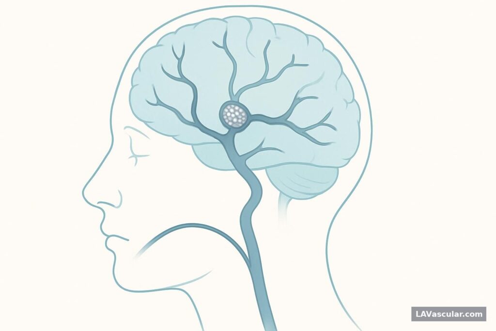 Illustration of a catheter placing a braided WEB device inside a brain aneurysm at an artery branch point.