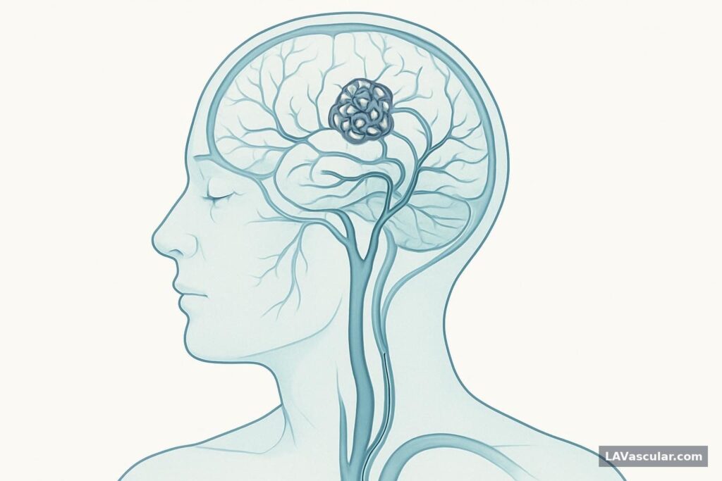 Illustration of a catheter delivering embolic material into abnormal blood vessels of a brain AVM.