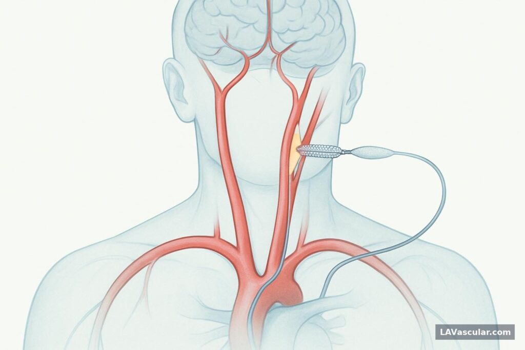 Illustration of a carotid stent opening a narrowed neck artery with embolic protection in place.