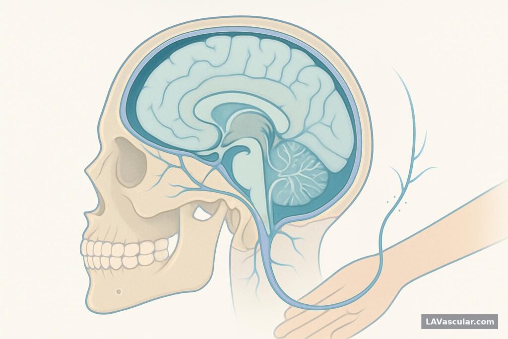 Illustration of catheter embolization of the middle meningeal artery for chronic subdural hematoma.