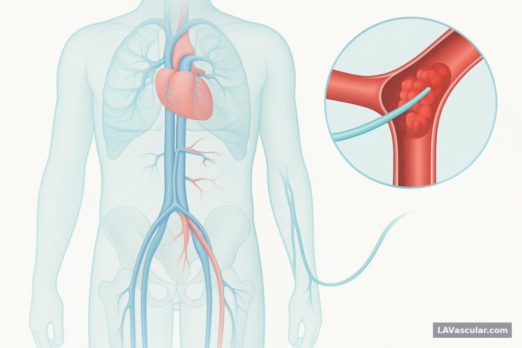Illustration showing a catheter delivering clot-dissolving medicine into a deep vein clot and a pulmonary artery clot.