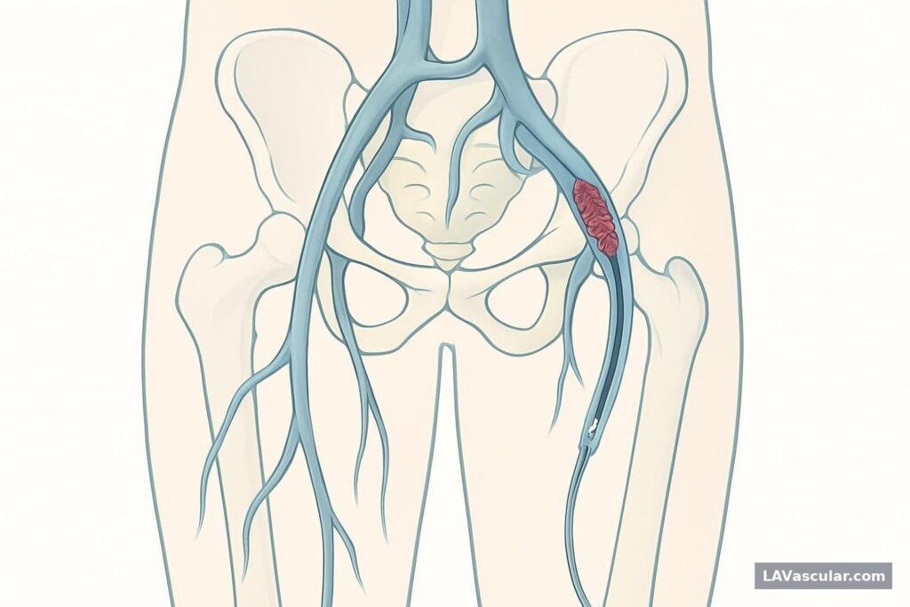 Illustration of a catheter removing clot from deep femoral and iliac veins in the leg and pelvis.