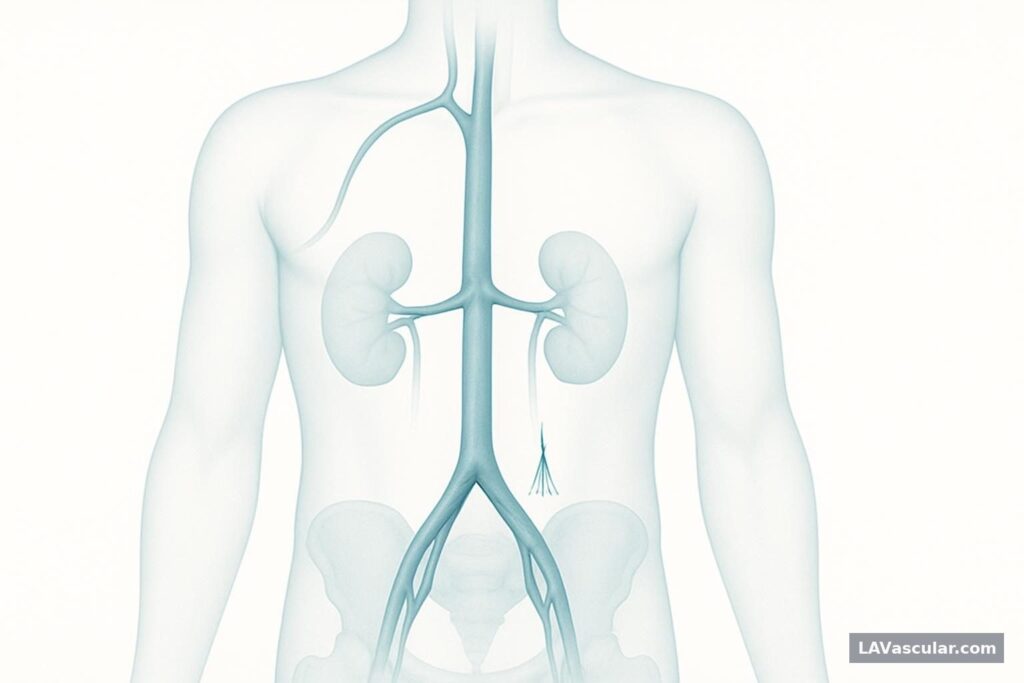 Illustration of an IVC filter placed below the kidney veins in the inferior vena cava.