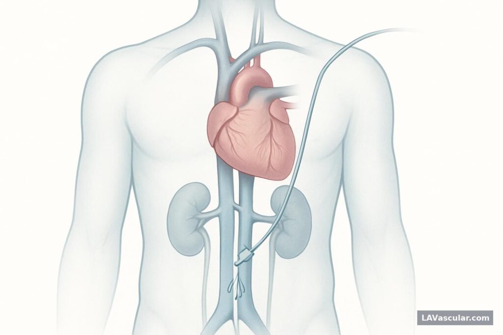 Illustration of a neck-vein catheter capturing an IVC filter in the inferior vena cava for removal.