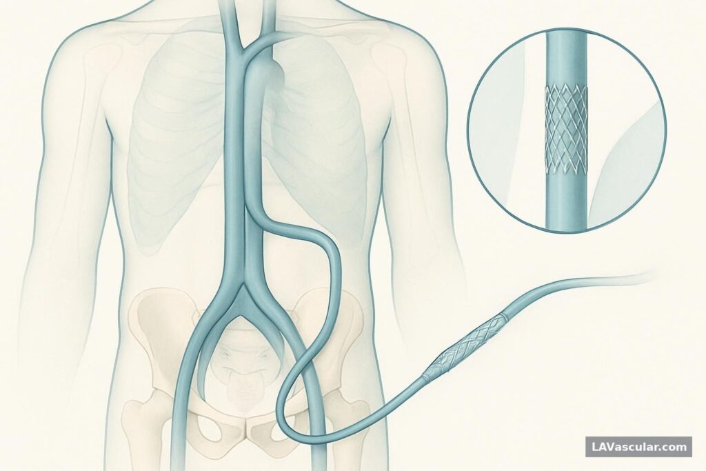 Illustration of catheter-guided stent placement in the left iliac vein and superior vena cava.