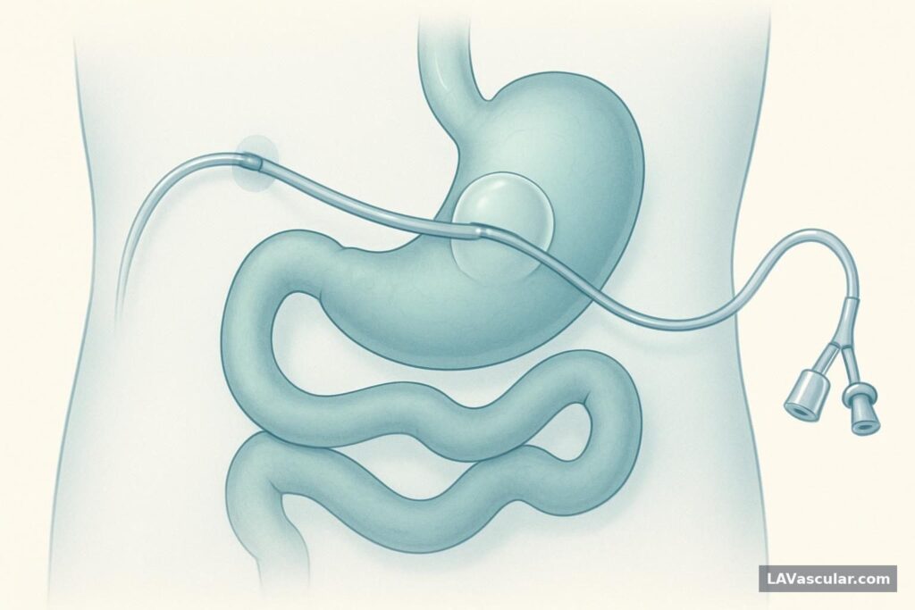 Cutaway illustration of a GJ feeding tube entering the stomach and extending into the jejunum.