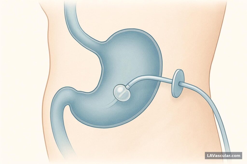 Illustration showing a gastrostomy tube passing through the abdominal wall into the stomach.