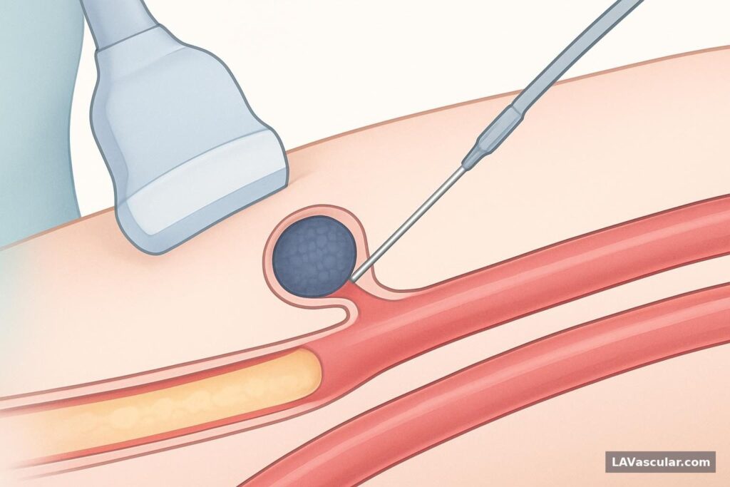 Illustration of ultrasound-guided thrombin injection sealing a femoral artery pseudoaneurysm in the groin.