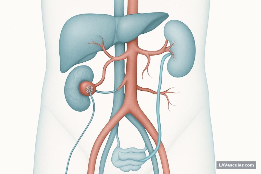 Illustration of femoral catheter access delivering coils to a splenic artery aneurysm.