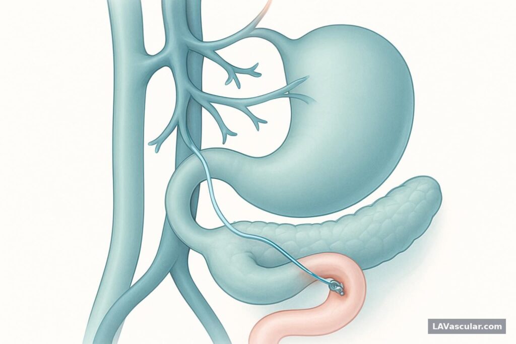 Illustration showing a catheter and coils placed in the gastroduodenal artery to treat duodenal ulcer bleeding.