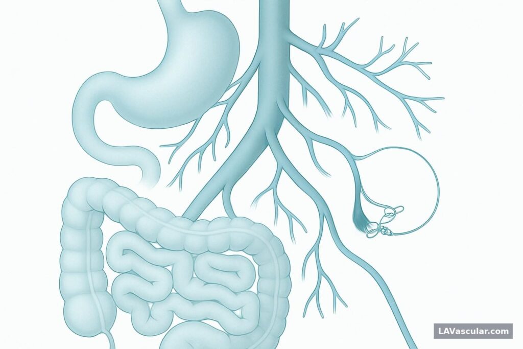Illustration of a catheter reaching a bleeding mesenteric artery from the groin for coil embolization.