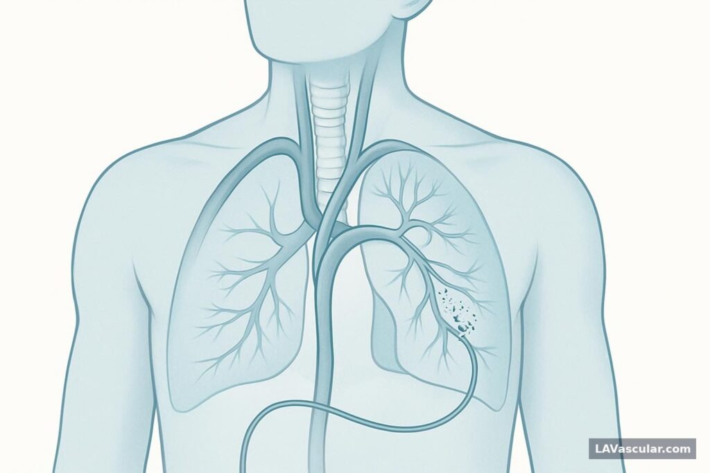 Illustration of a catheter delivering embolic particles into a bleeding bronchial artery in the lung