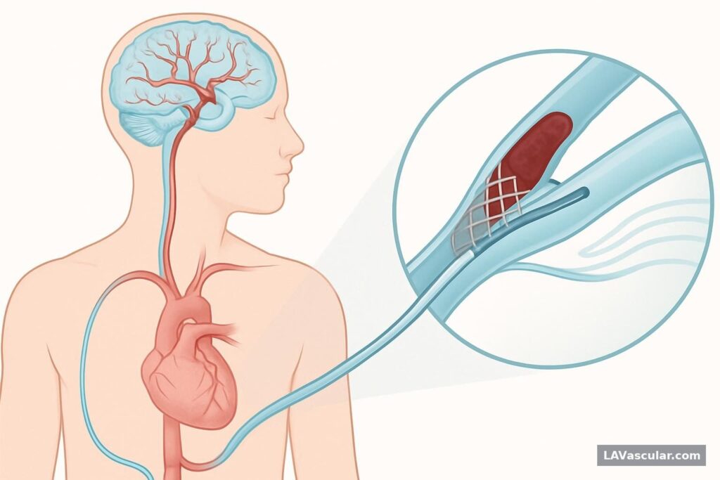 Illustration of a catheter removing a clot from a middle cerebral artery through femoral artery access.