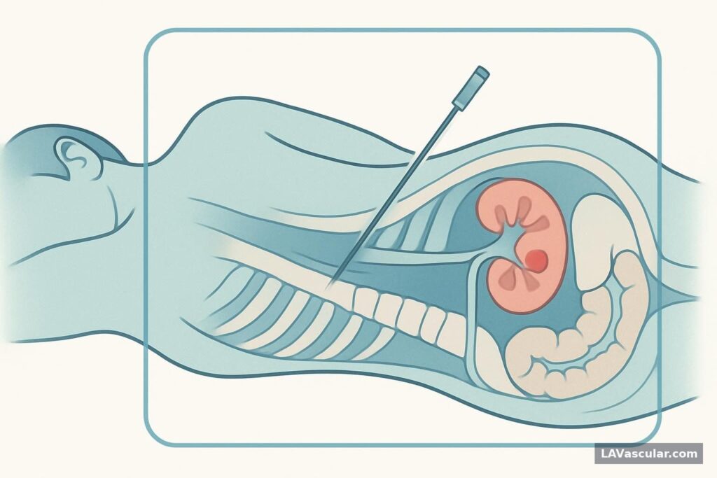Cross-section showing a CT-guided needle entering through the back to biopsy a mass in the kidney.