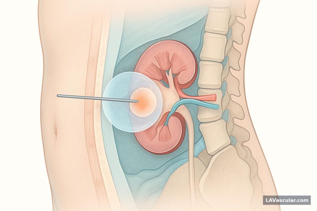 Cross-section showing a needle probe through the flank treating a small tumor in the kidney with ablation.