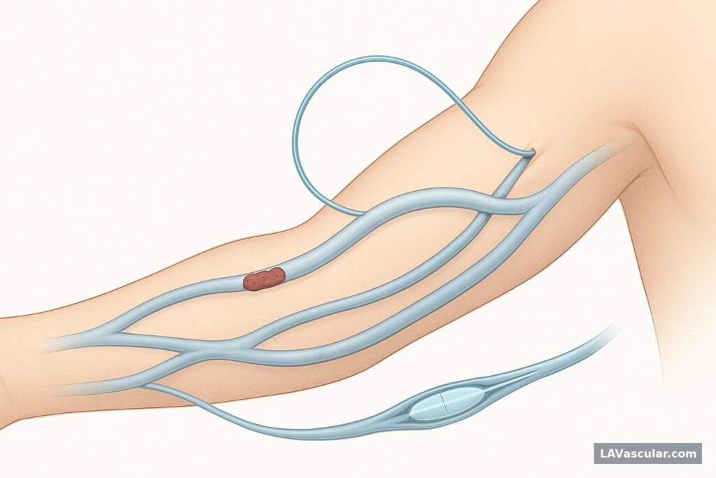 Illustration of catheter thrombectomy and balloon angioplasty reopening a clotted dialysis fistula or graft in the arm.