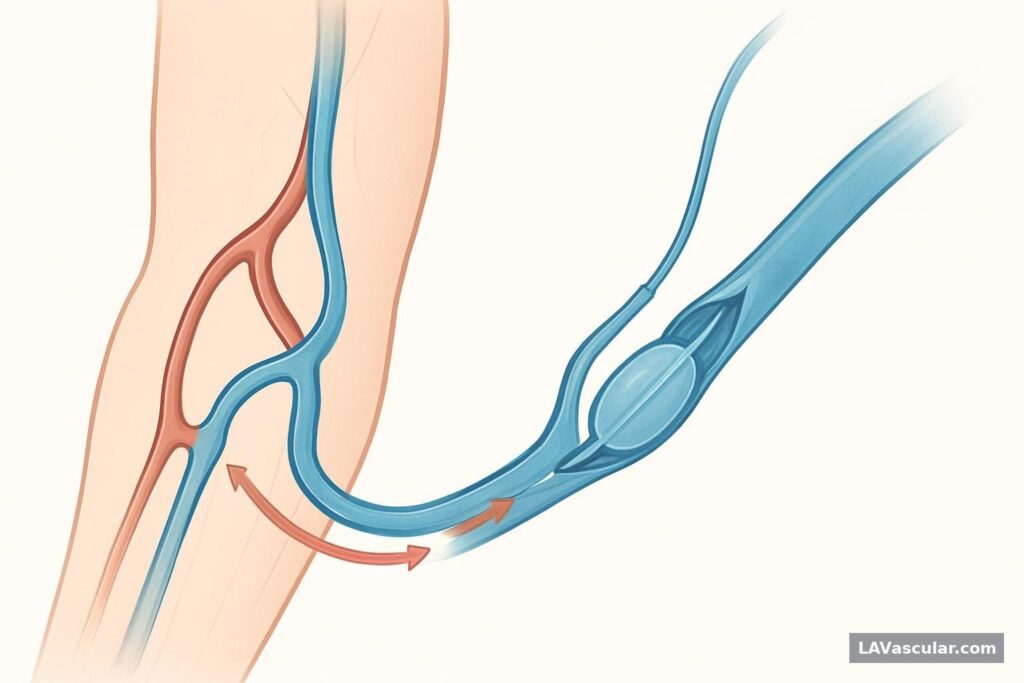 Illustration of balloon angioplasty opening a narrowed vein in an upper-arm dialysis AV fistula.