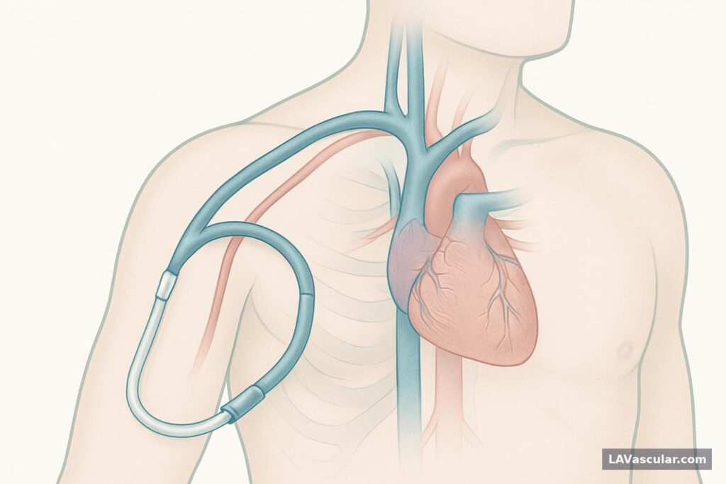 Illustration of a HeRO graft in the upper arm with central venous outflow bypassing a blocked chest vein.