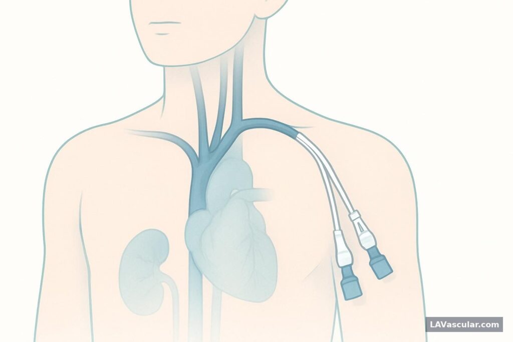 Illustration of a temporary dialysis catheter entering the neck vein and ending in a central chest vein near the heart.