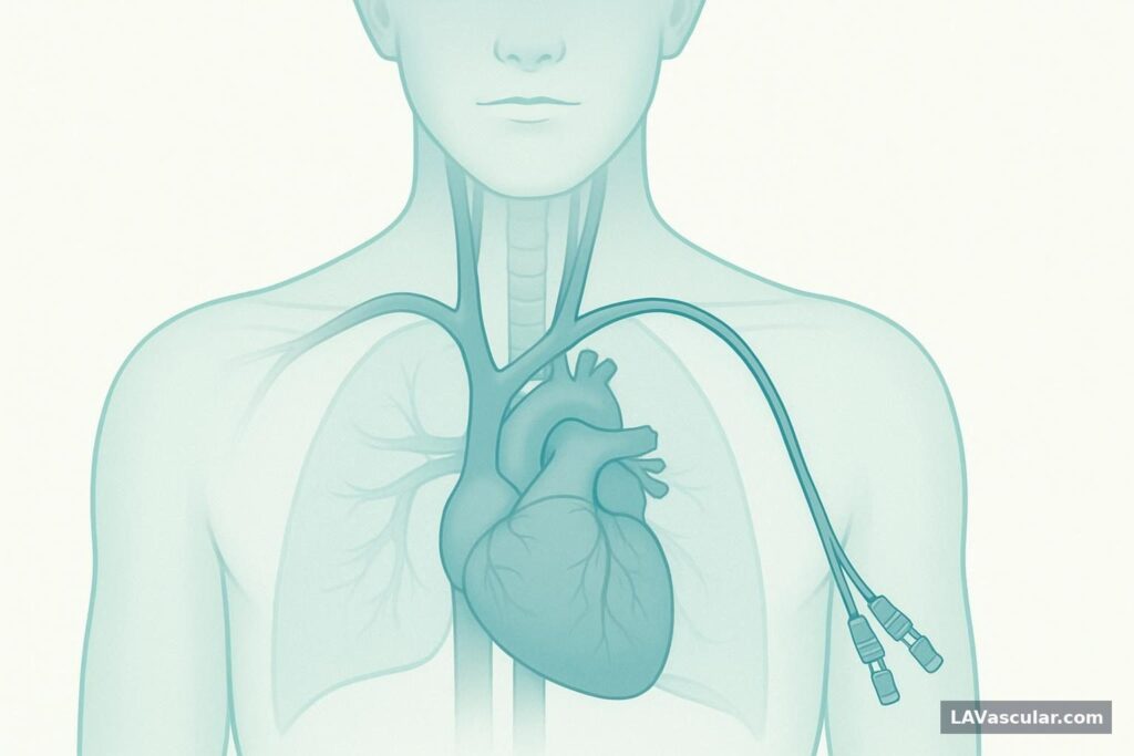 Illustration of a tunneled dialysis catheter from the right neck to the upper chest, ending in a central vein near the heart.