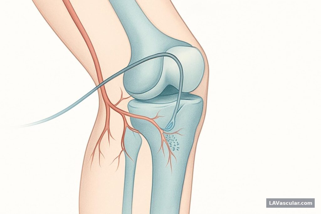 Medical illustration of a catheter treating small genicular arteries around an arthritic knee with embolic particles.