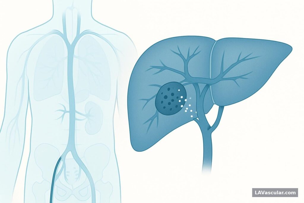 Illustration of catheter-directed chemoembolization through the hepatic artery to treat a liver tumor.