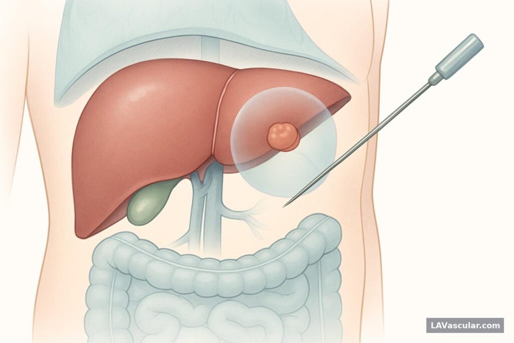 Cutaway illustration showing an ablation probe through the abdomen heating a small tumor inside the liver.