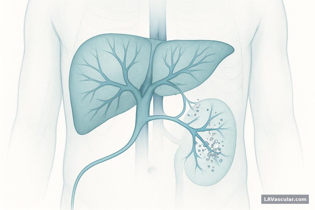 Illustration of portal vein embolization blocking right liver portal branches to promote growth of the left liver.