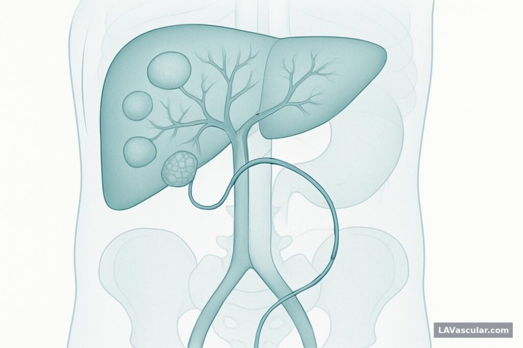 Illustration of a catheter delivering embolic beads through the hepatic artery to a liver tumor.