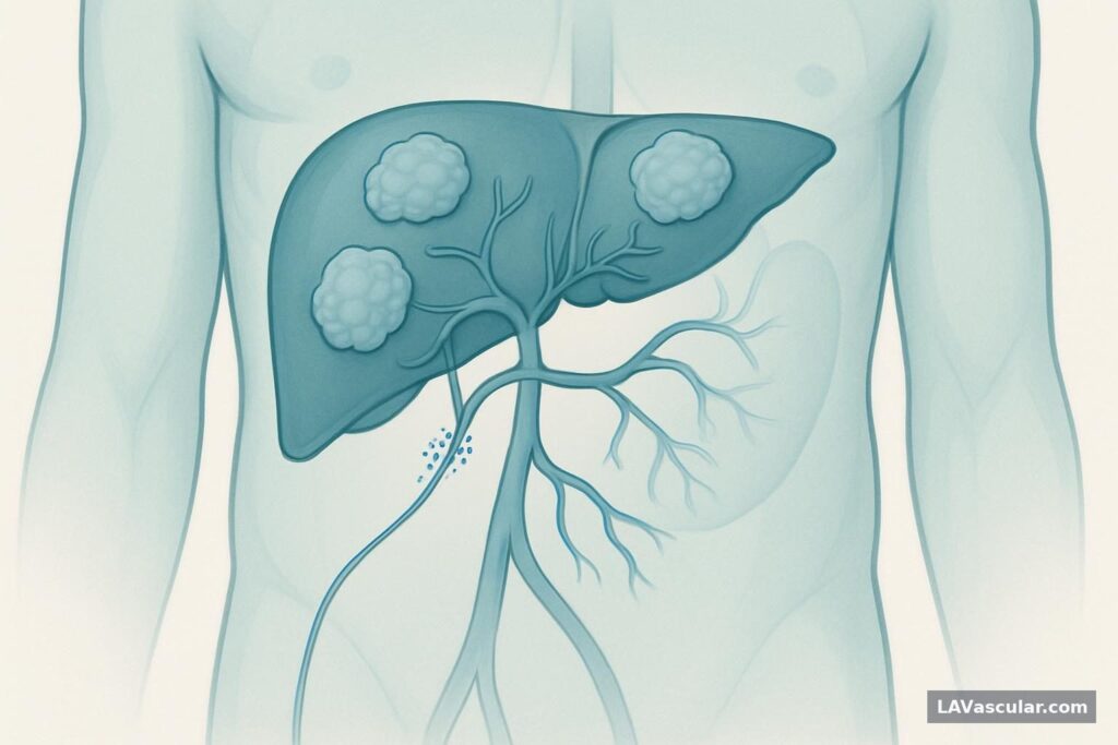 Illustration of a catheter delivering Y-90 microspheres through hepatic arteries into liver tumors.