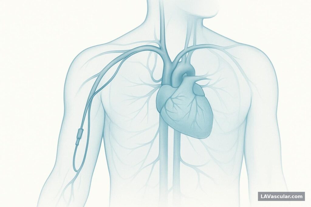 Illustration showing a PICC line entering an upper-arm vein and ending in the superior vena cava near the heart.