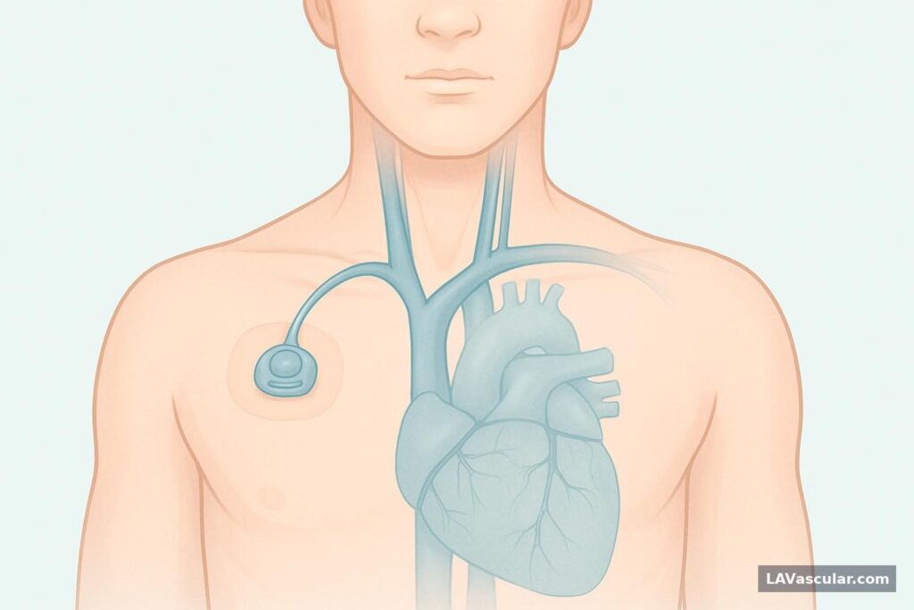 Illustration showing an implanted chest port connected by catheter to a central vein near the heart.