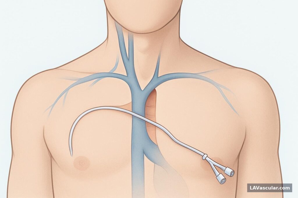Illustration of a tunneled chest catheter entering a neck vein and ending in a central vein near the heart.