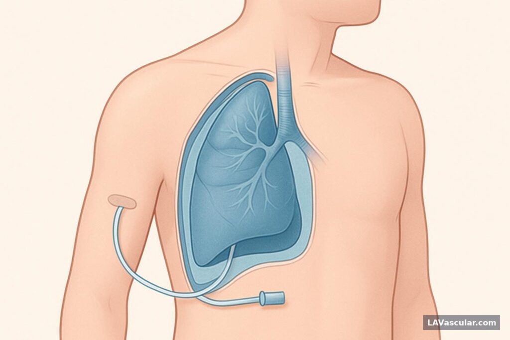 Cutaway of tunneled catheter draining fluid from the pleural space around a lung through the side of the chest.