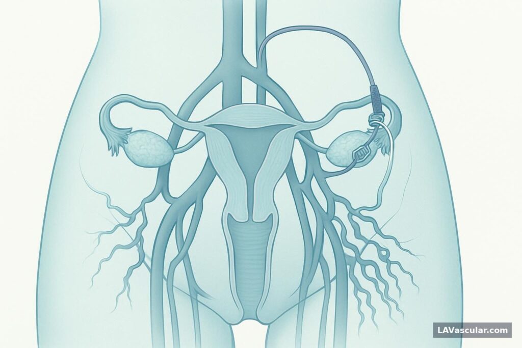 Pelvic anatomy showing a catheter closing a refluxing ovarian vein with embolization devices.