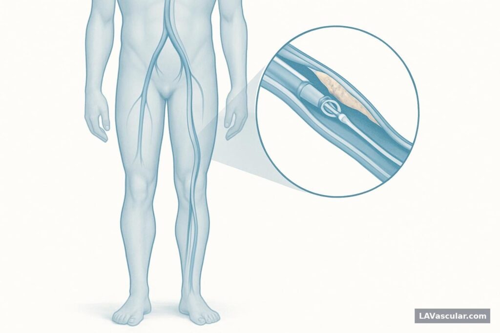 Illustration of an atherectomy catheter removing plaque from a narrowed femoral artery in the leg