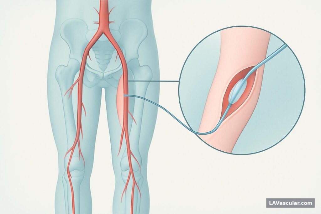 Illustration of a balloon catheter widening a narrowed femoral artery in the leg through groin access.