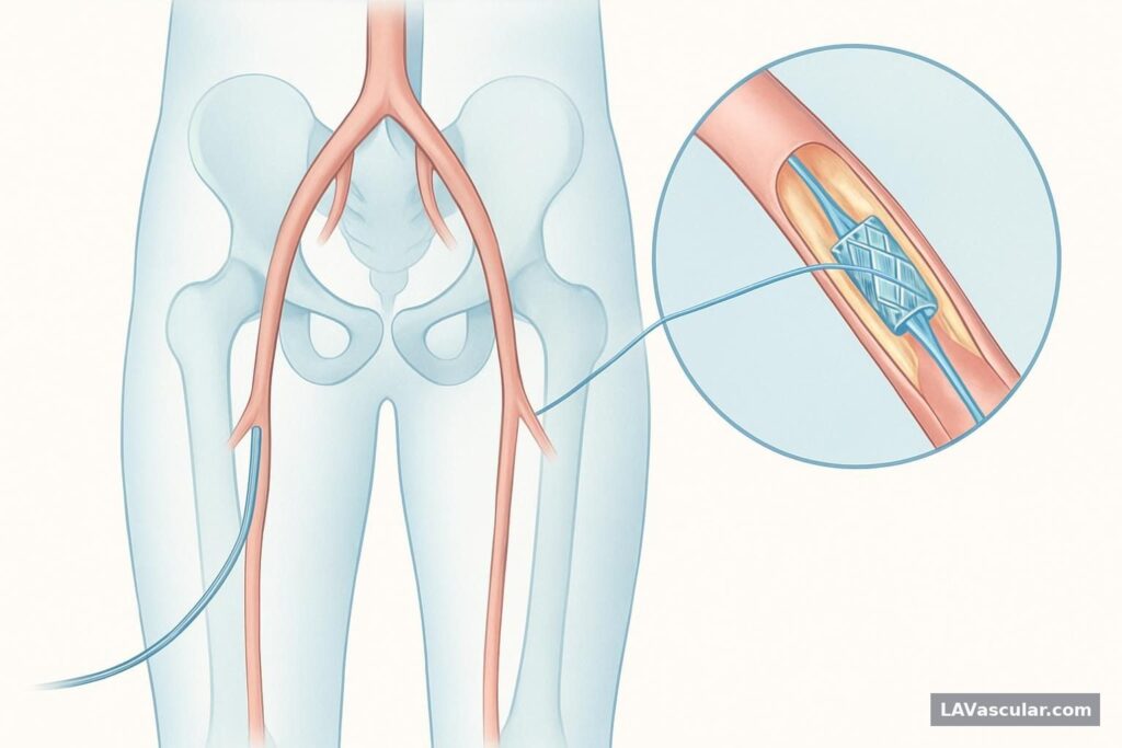 Illustration of a catheter placing a stent in a narrowed superficial femoral artery to restore leg blood flow.