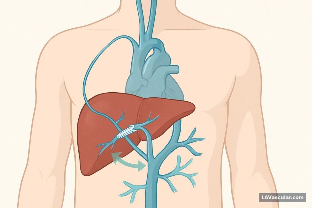 Illustration of a TIPS stent connecting a portal vein to a hepatic vein inside the liver.