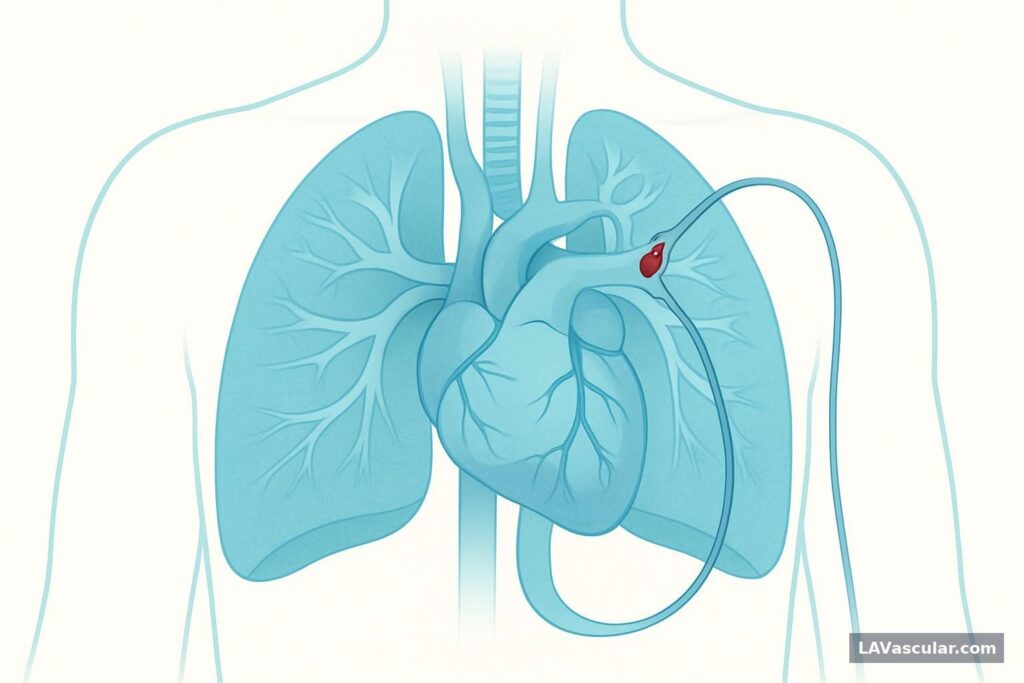 Illustration of a catheter entering through the groin vein to remove a clot in a pulmonary artery.
